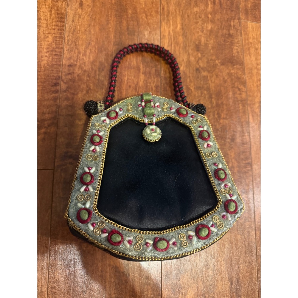 Vintage Asian Embroidered Beaded Evening Bag Black Satin Dragon Jacquard Handbag